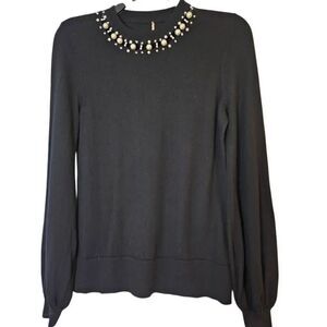 Elie Tahari black merino wool sweater, pearl trim. S. #910